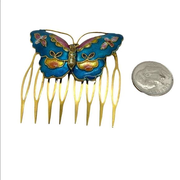 Vintage Enamel Butterfly Floral Hair Comb Gold Blue - Picture 7 of 11
